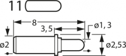 Short stroke test pin with probe, round head, Ø 2 mm, travel  2.2 mm, pitch 2.7 mm, L 8 mm, F70211B130G130