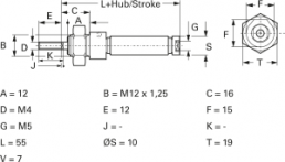 Miniature cylinder, single-acting, 2 to 10 bar, Kd. 8 mm, Hub 25 mm, 23.15.025