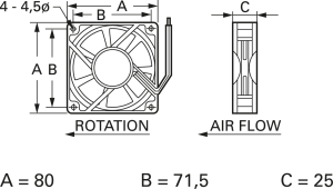 DC axial fan, 24 V, 80 x 80 x 25 mm, 62.4 m³/h, 32 dB, slide bearing, TRACO POWER, D08 T24 HWS